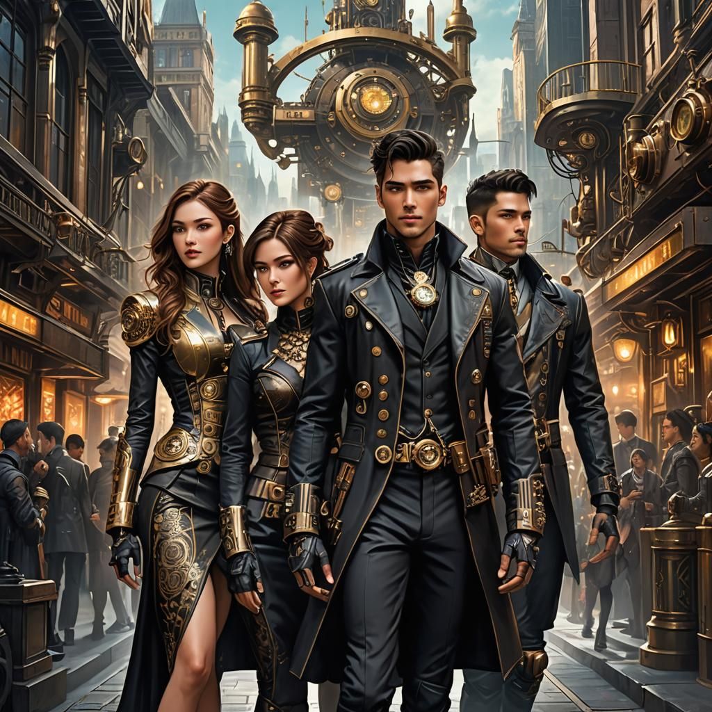 Futuristic Steampunk Cityscape with Figures, Digital Art