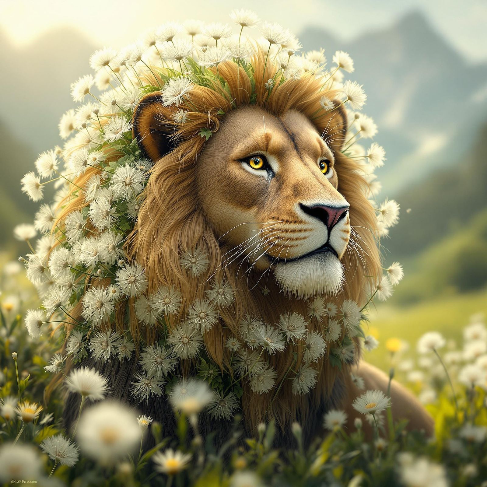 Majestic Hyper-Realistic Plant Lion in Serene Alpine Meadow