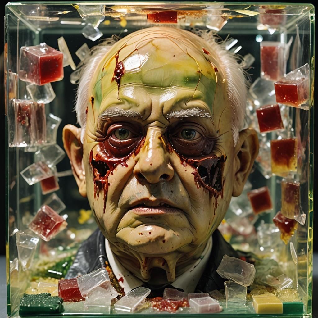 Zombie Face in Crystal Cube, Hyperrealistic Digital Art