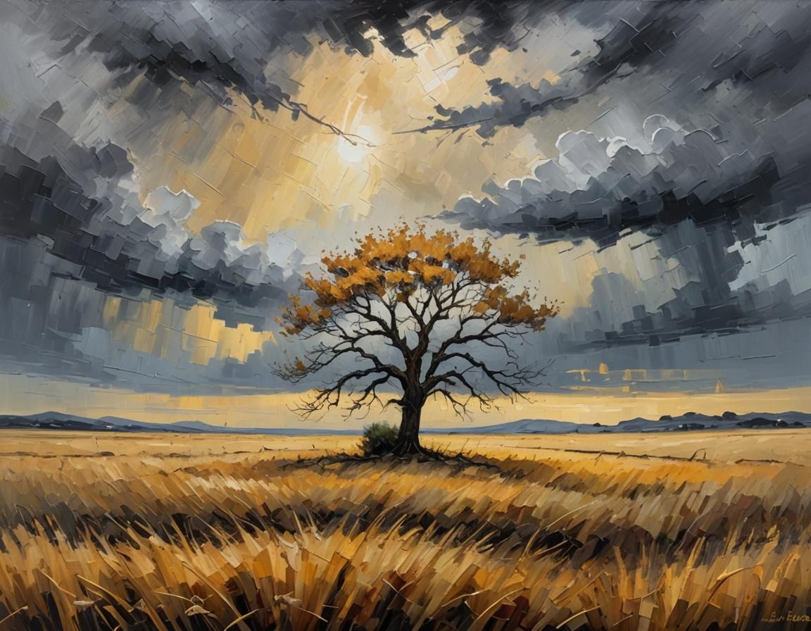 Lonely Tree in Field: Neo-Impressionist Impasto Painting