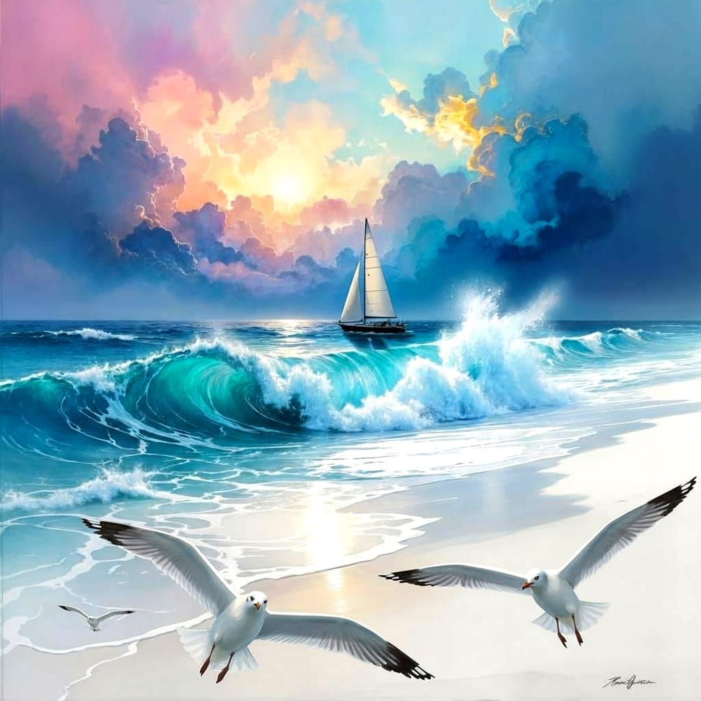 Surreal Ocean Waves on Beach in Oil Painting Style