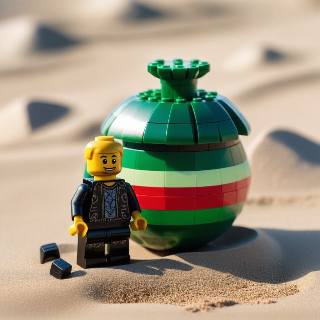 Whimsical LEGO Watermelon Minifigure on Sunny Beach