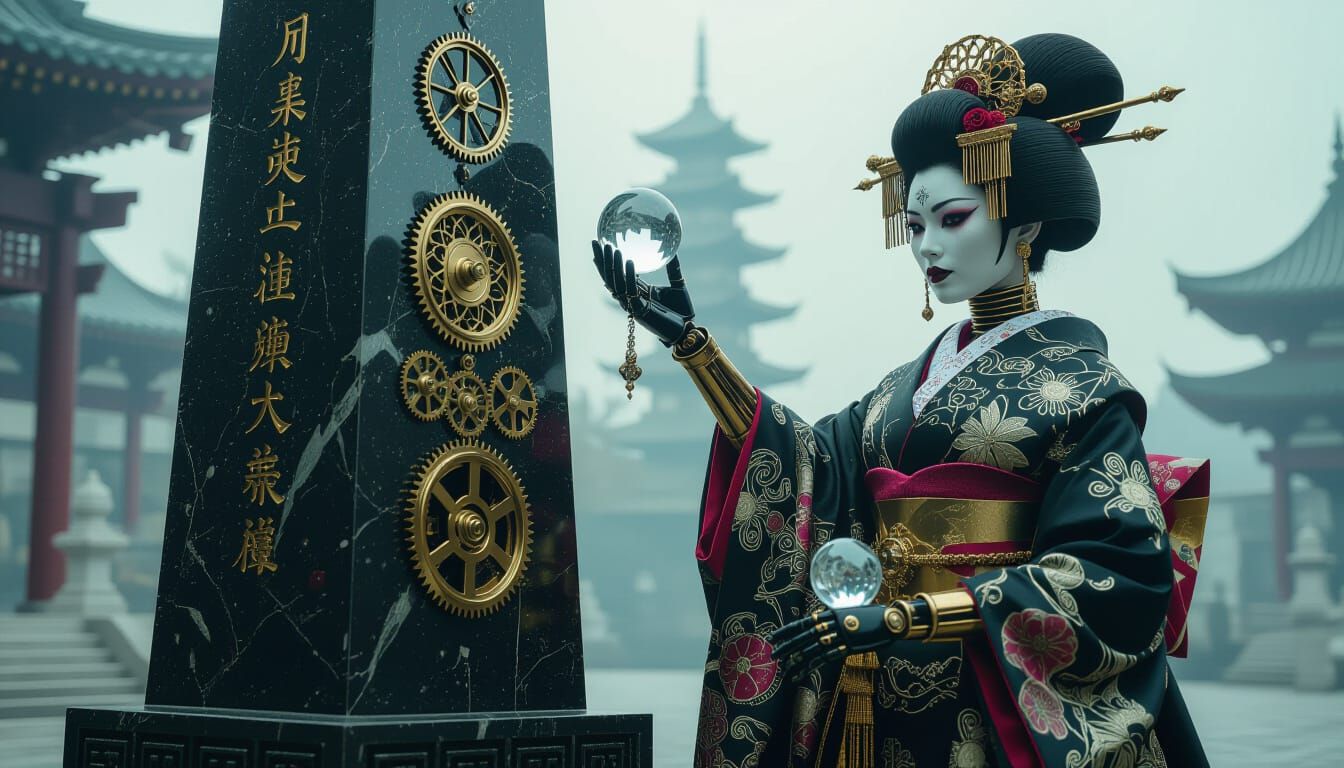 Gothpunk Clockwork Geisha Automaton with Crystal Orb