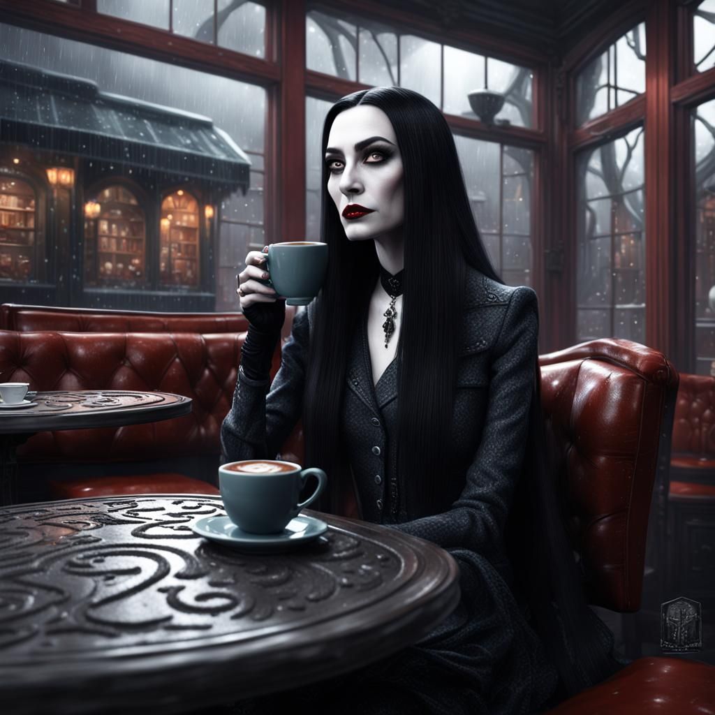 Morticia Addams in Coffee Shop Rainy Day