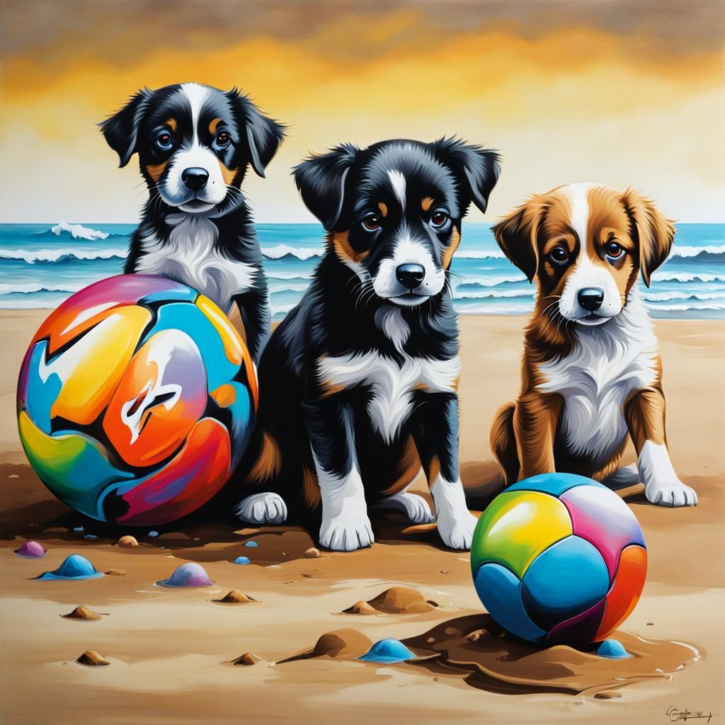 Playful Puppies on Beach in Graffiti Art Style