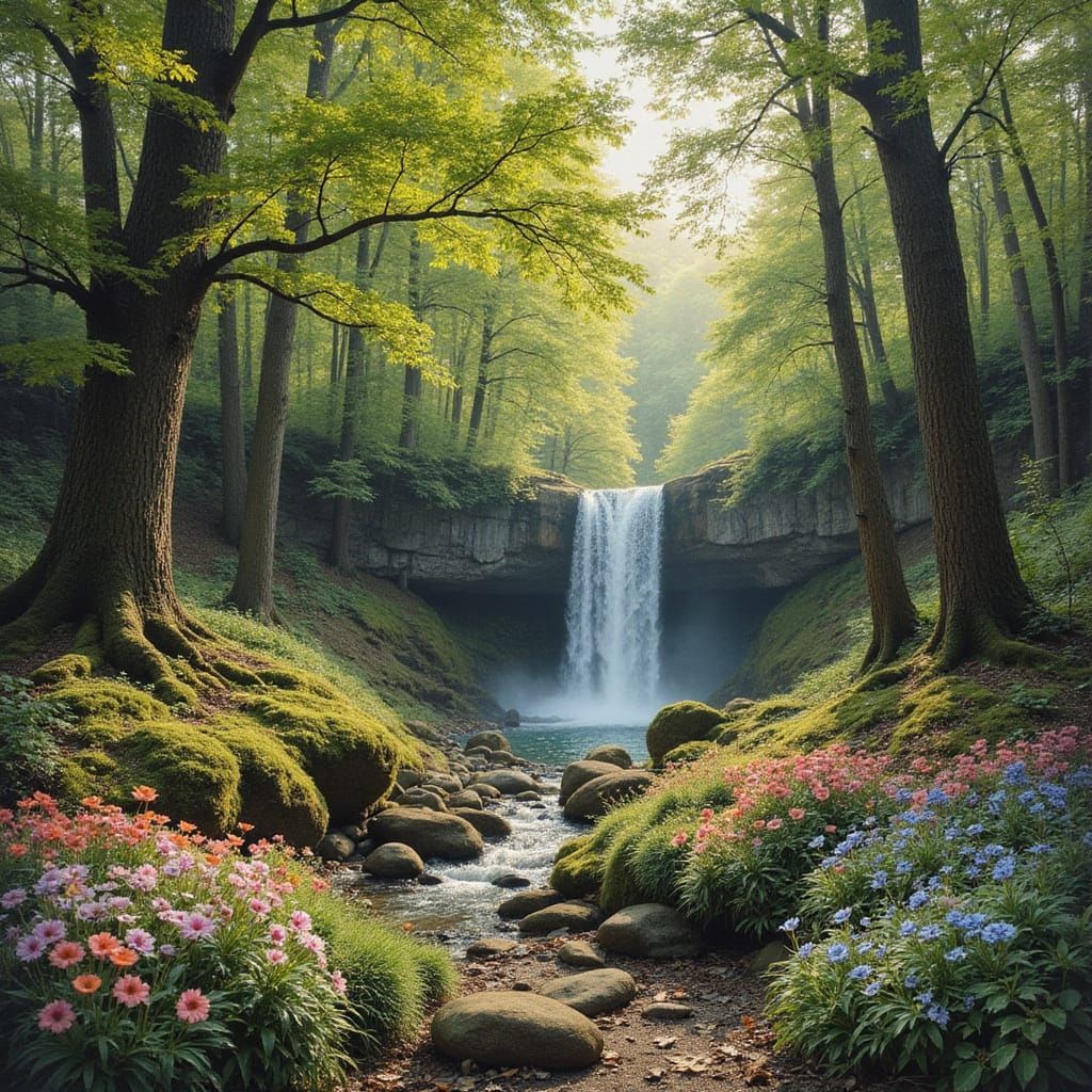 Vibrant Fantasy Forest Landscape with Waterfall