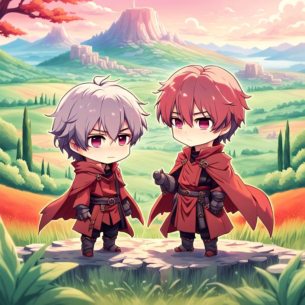 Chibi Dante and Virgil in Dreamy Anime Landscape