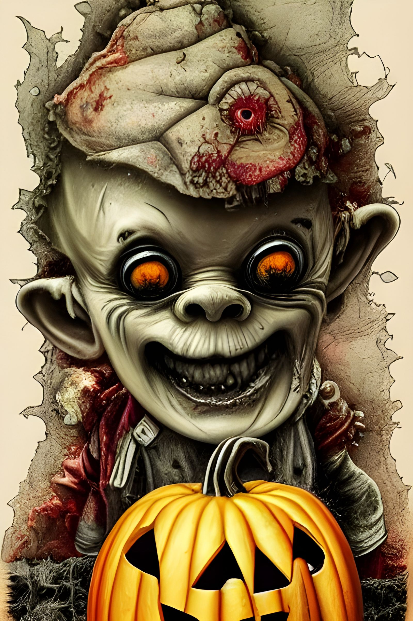 Grotesque Zombiecore Pumpkin-Gnome in Mixed Media