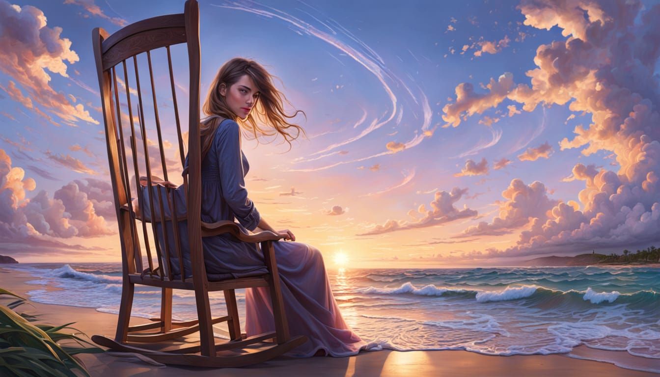 Girl in Rocking Chair on Windswept Twilight Beach