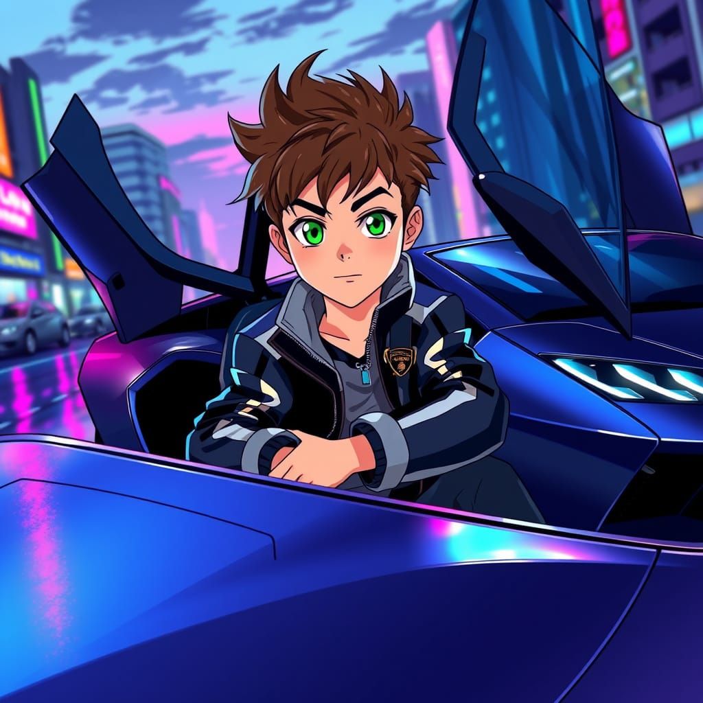 Anime Boy Speeds in Neon-Lit Lamborghini