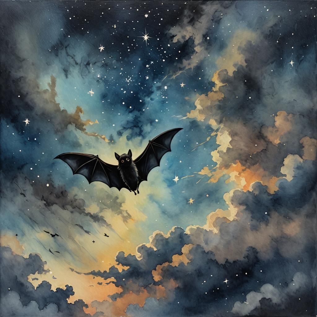 Starry Night Sky with Bat in Oil Colors