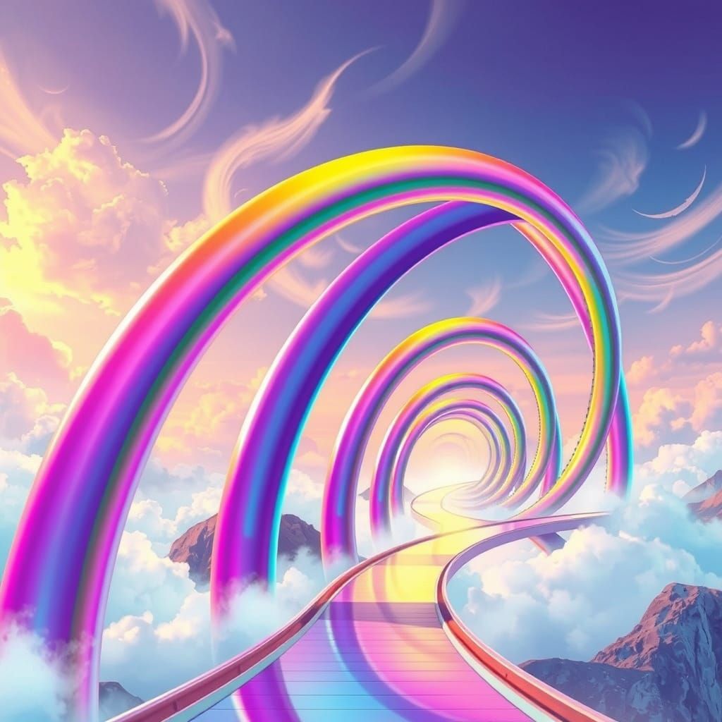 Futuristic Rainbow Bridge with Twisted Arches and Cloudy Sky