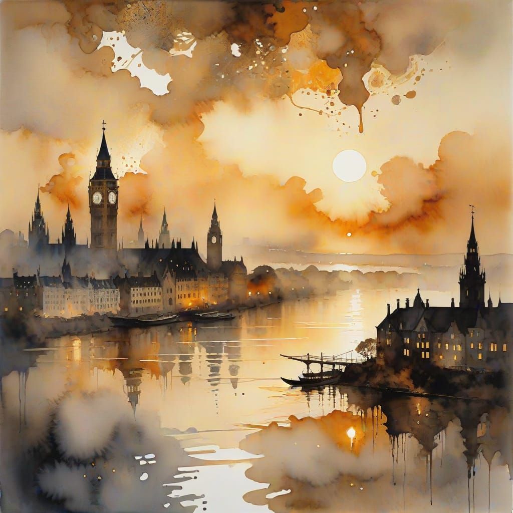 The great fire of London 1666 in the style of William Turner