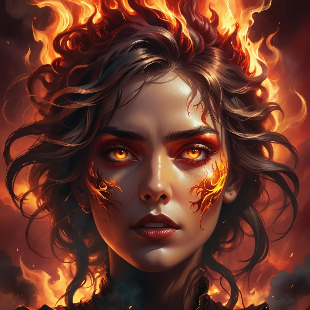 Fiery Sorceress Portrait in Dark Fantasy Style