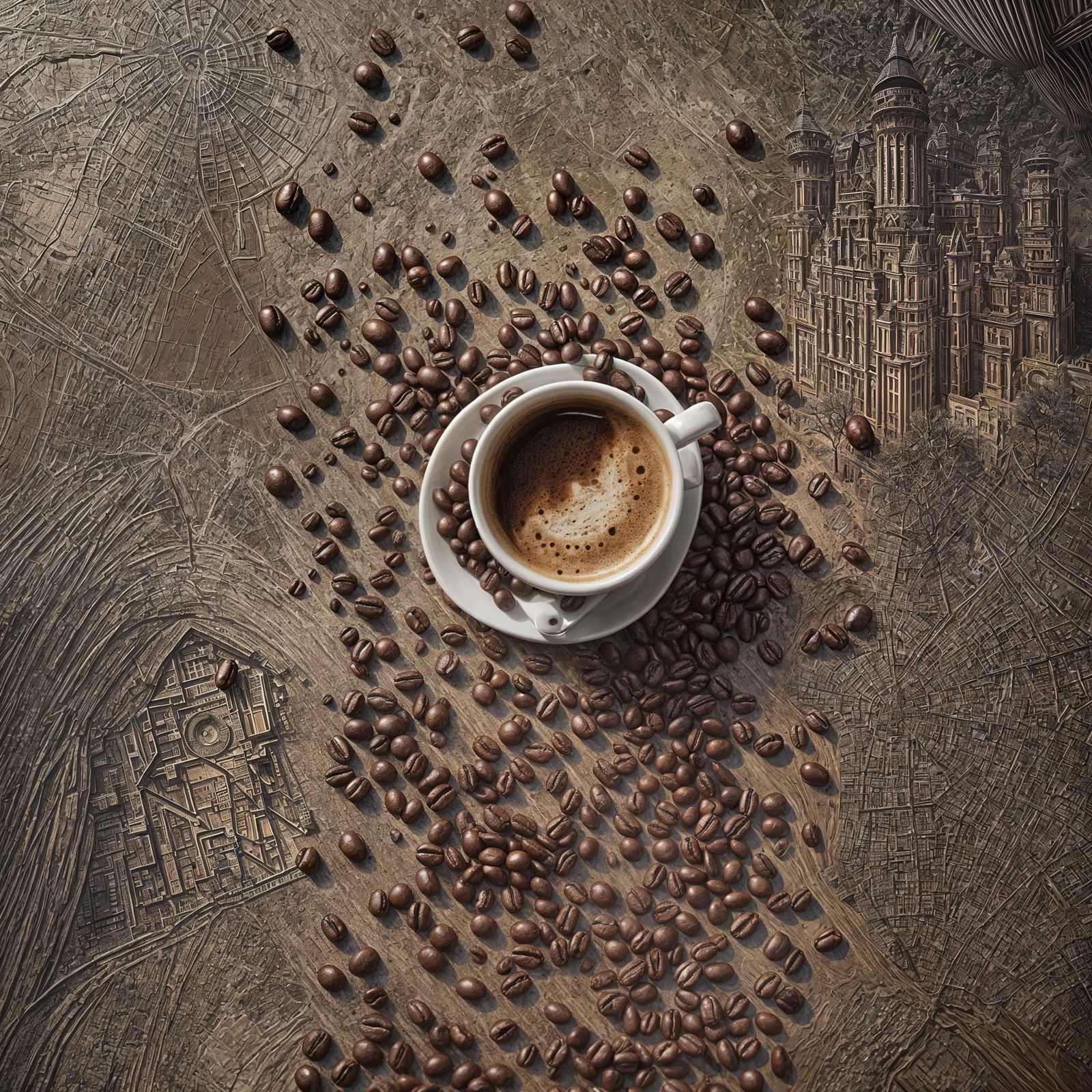 Cinematic Coffee Shop Scene with Coffee Beans