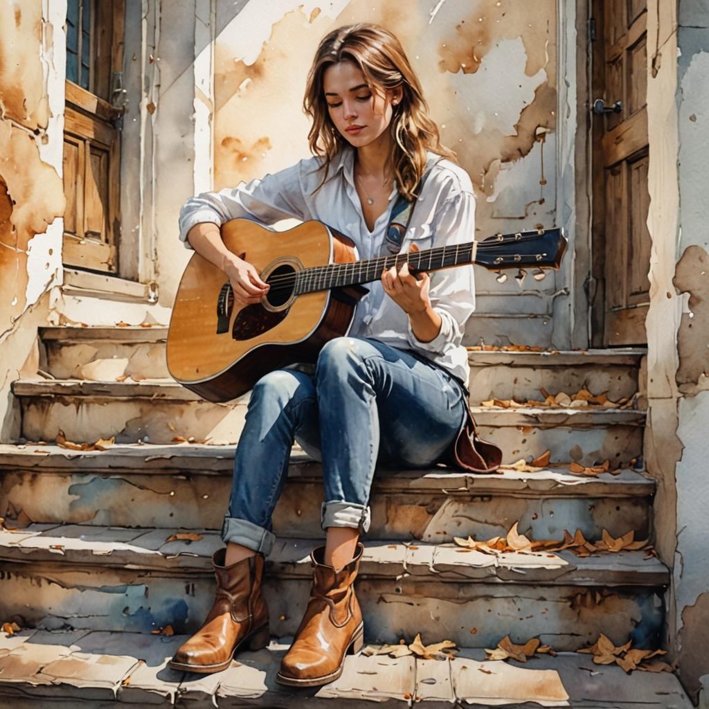 beautiful woman is  playing acoustic guitar