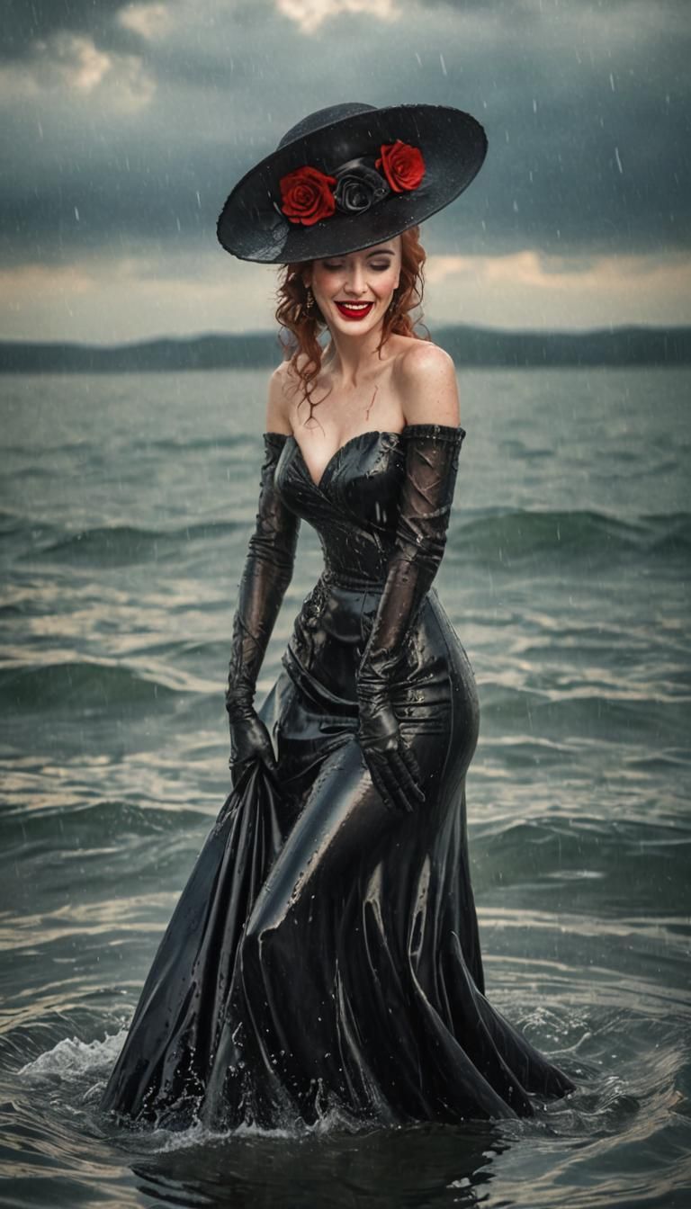 Glamorous Woman in Wet Gown Laughing in the Sea