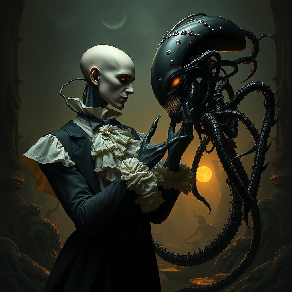 Humanoid Seduces Vampire Alien in Dreamlike Landscape