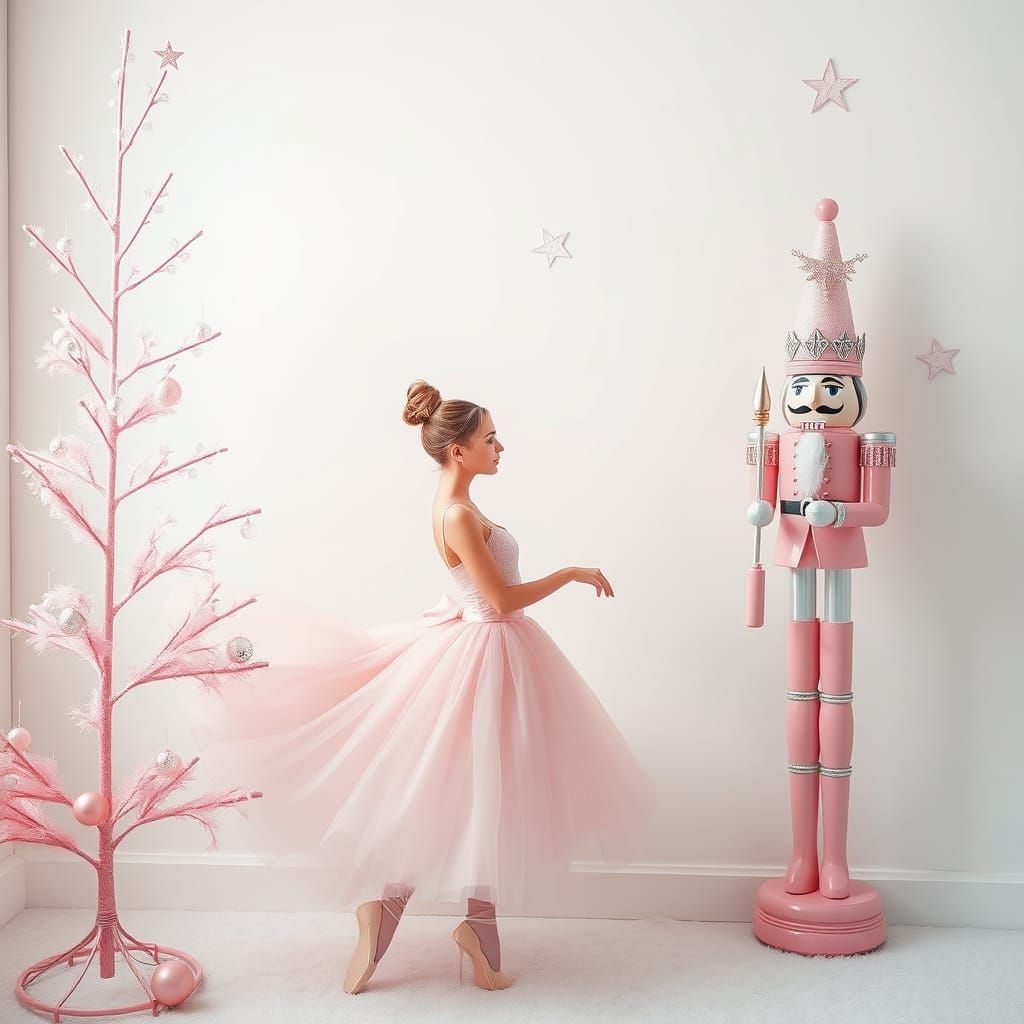 Ballerina with Pink Christmas Tree in Dreamy Pastel Hues