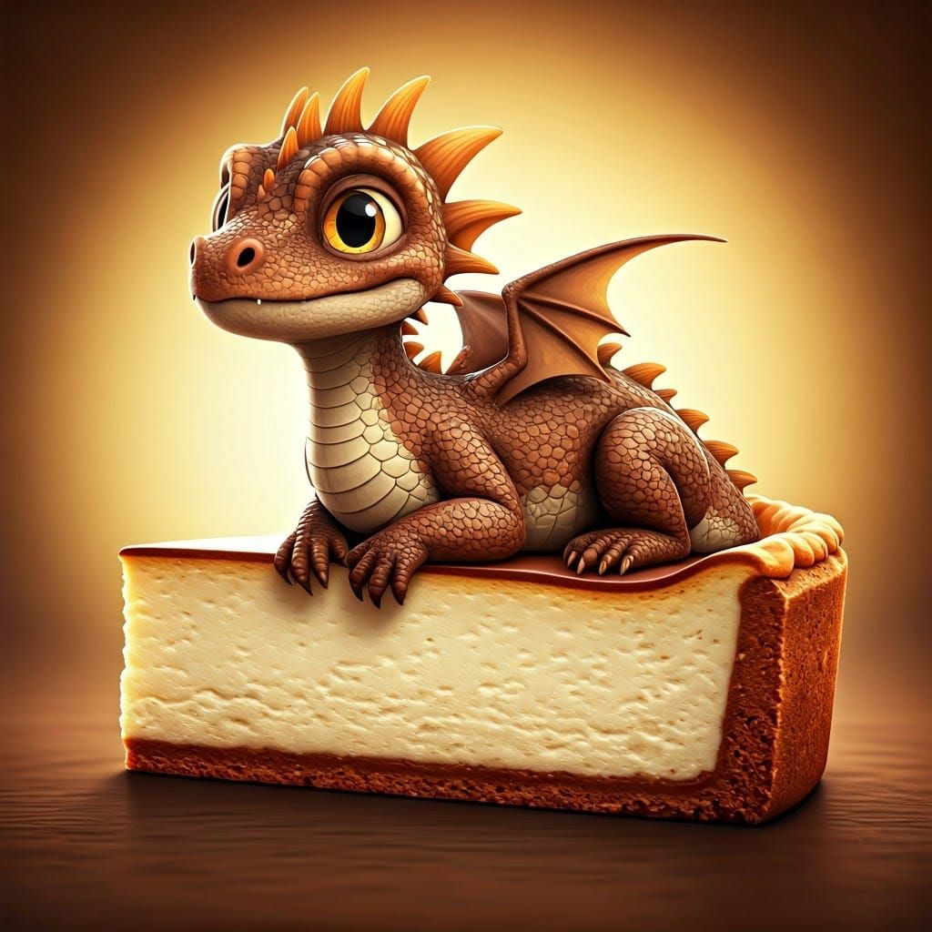Baby Dragon Lounging on Cheesecake: Pixar-style 3D Render