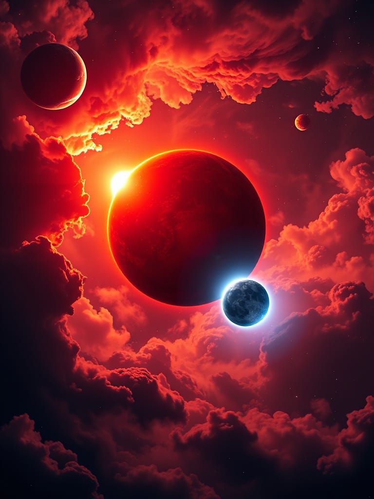 Double Sun Eclipse in Nebula with Planet and Moon