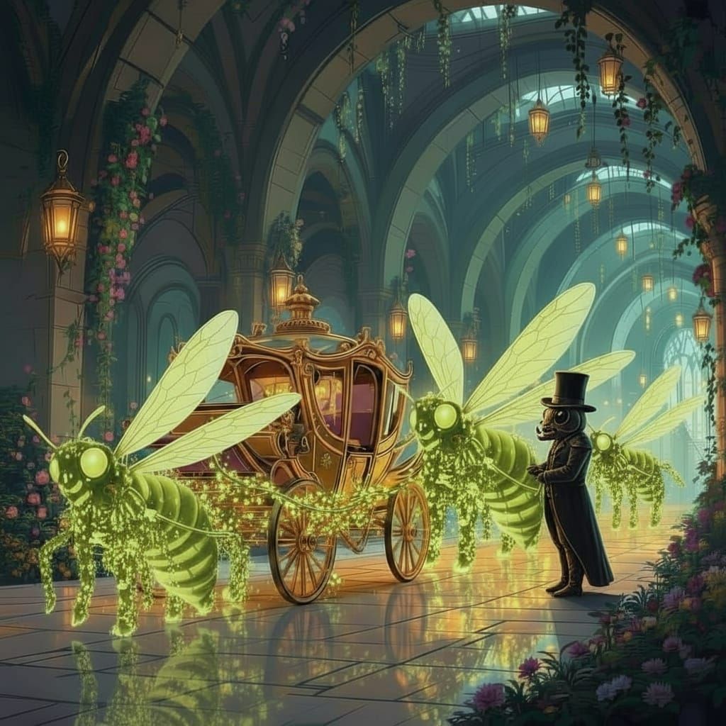 Golden Coach Pulled By Giant Fireflies in Castle Hangar