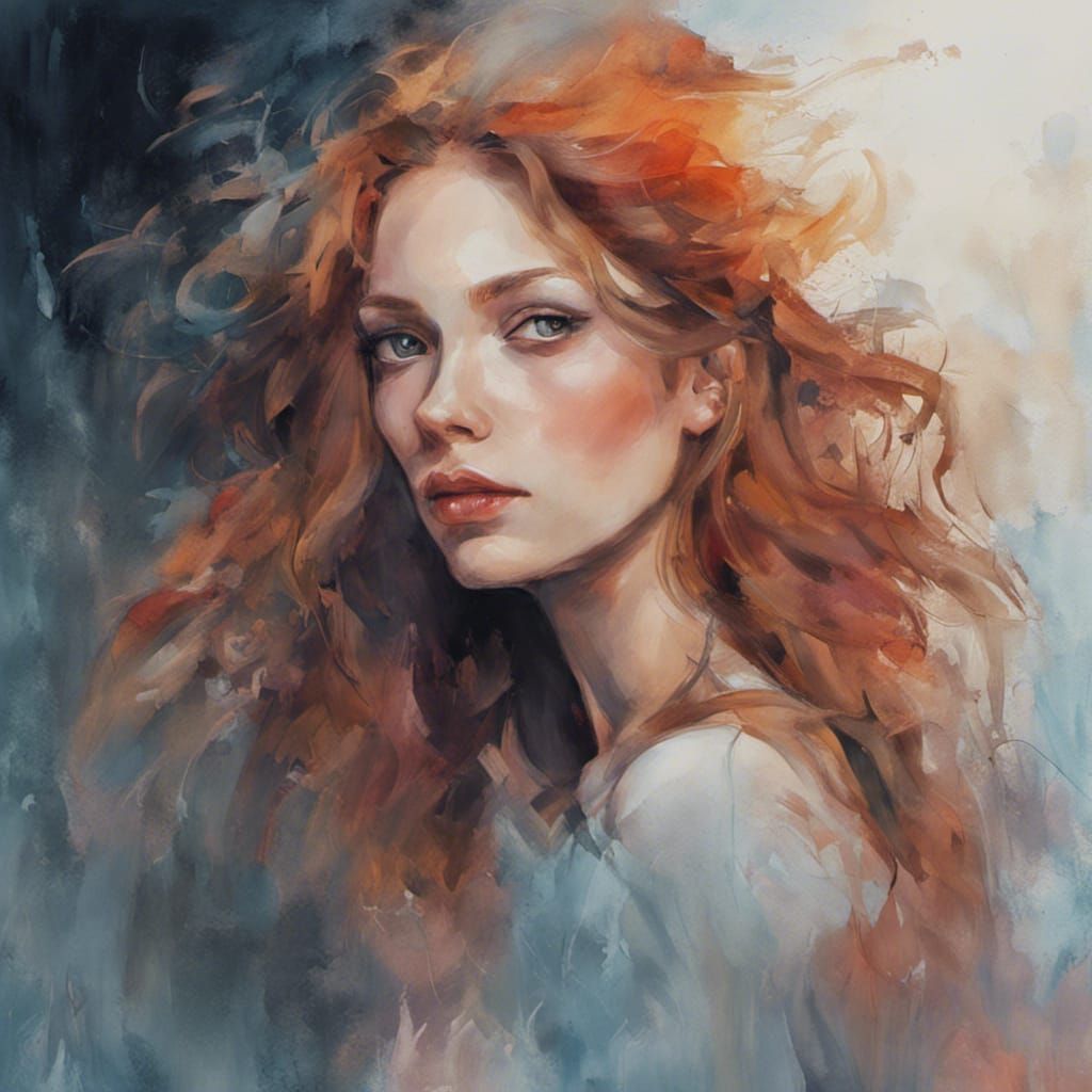 Auburn Woman Illuminated by Moonlight in Pastel Watercolor