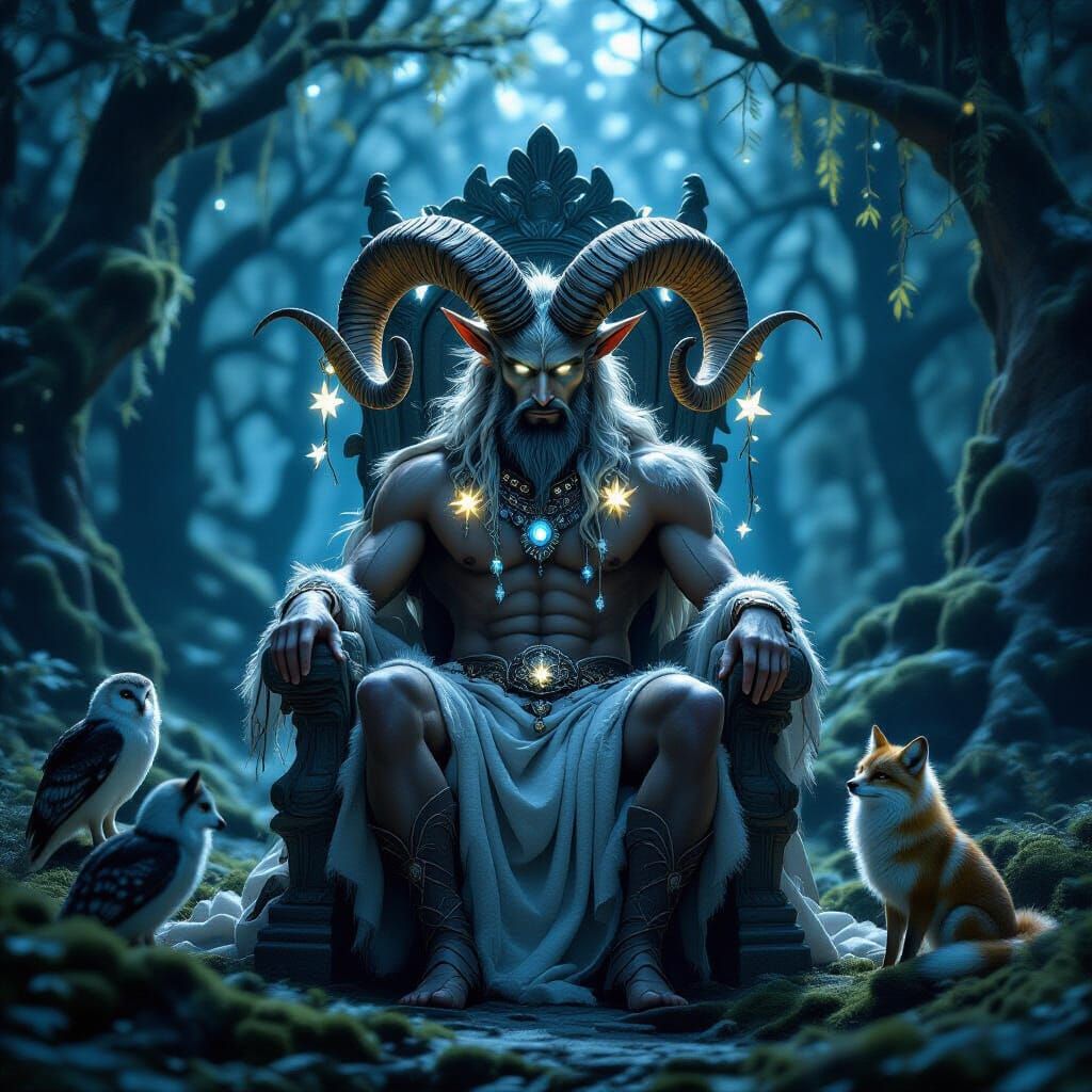 Mystical Satyr King on Throne in Moonlit Forest