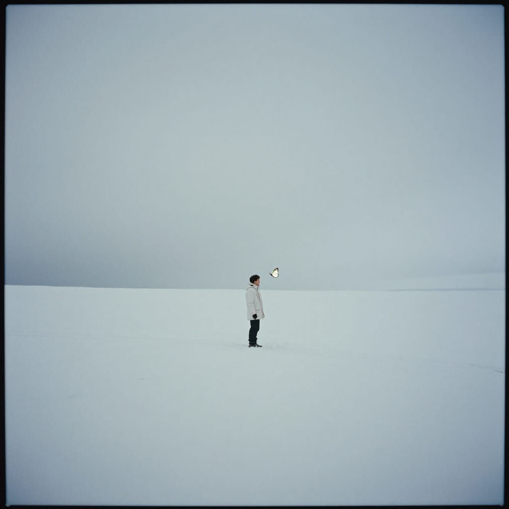 Vast Snowy Landscape with Solitary Figure and Butterfly