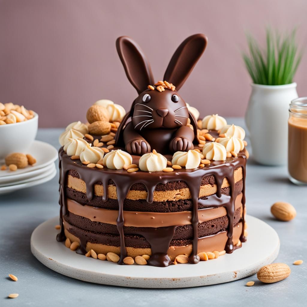 Chocolate Peanut Butter Cake Topped with Bunny