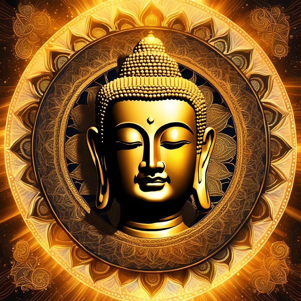 Buddha's Serene Face with Golden Mandala