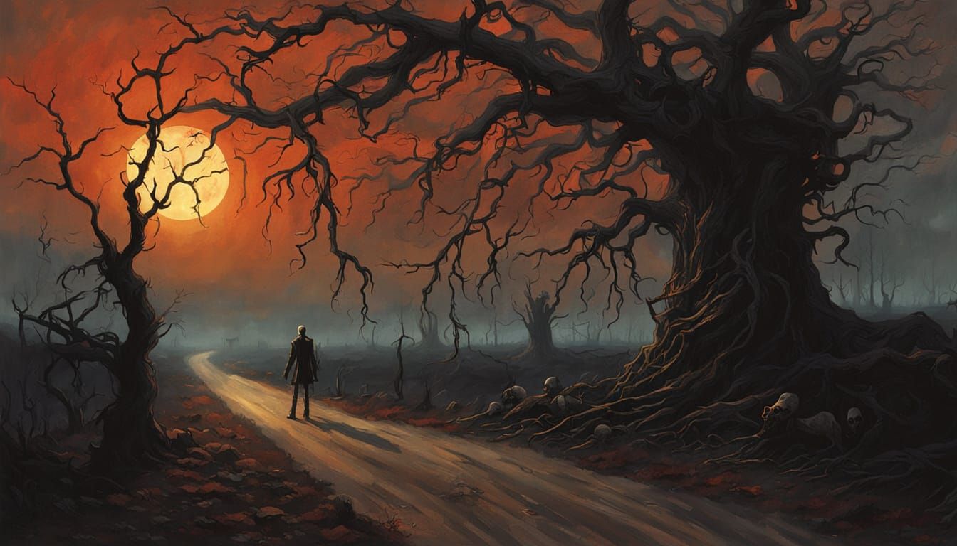 Skeletal Tree at Dramatic Sunset in Dark Fantasy Style