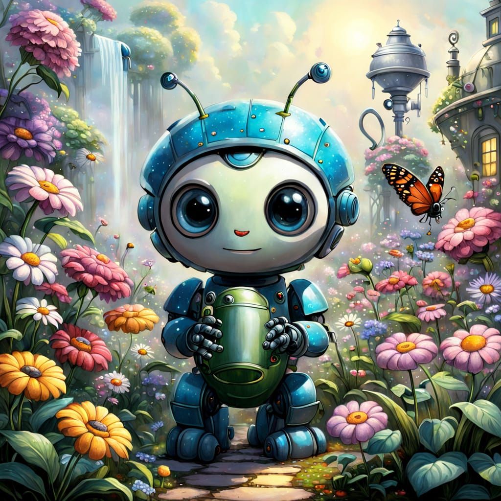 Caterpillar and Robot in Whimsical Garden