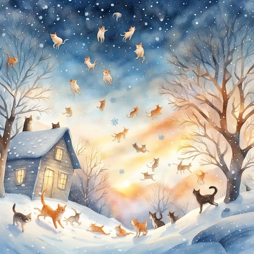 Whimsical Cats and Dogs in a Snowy Watercolor Wonderland