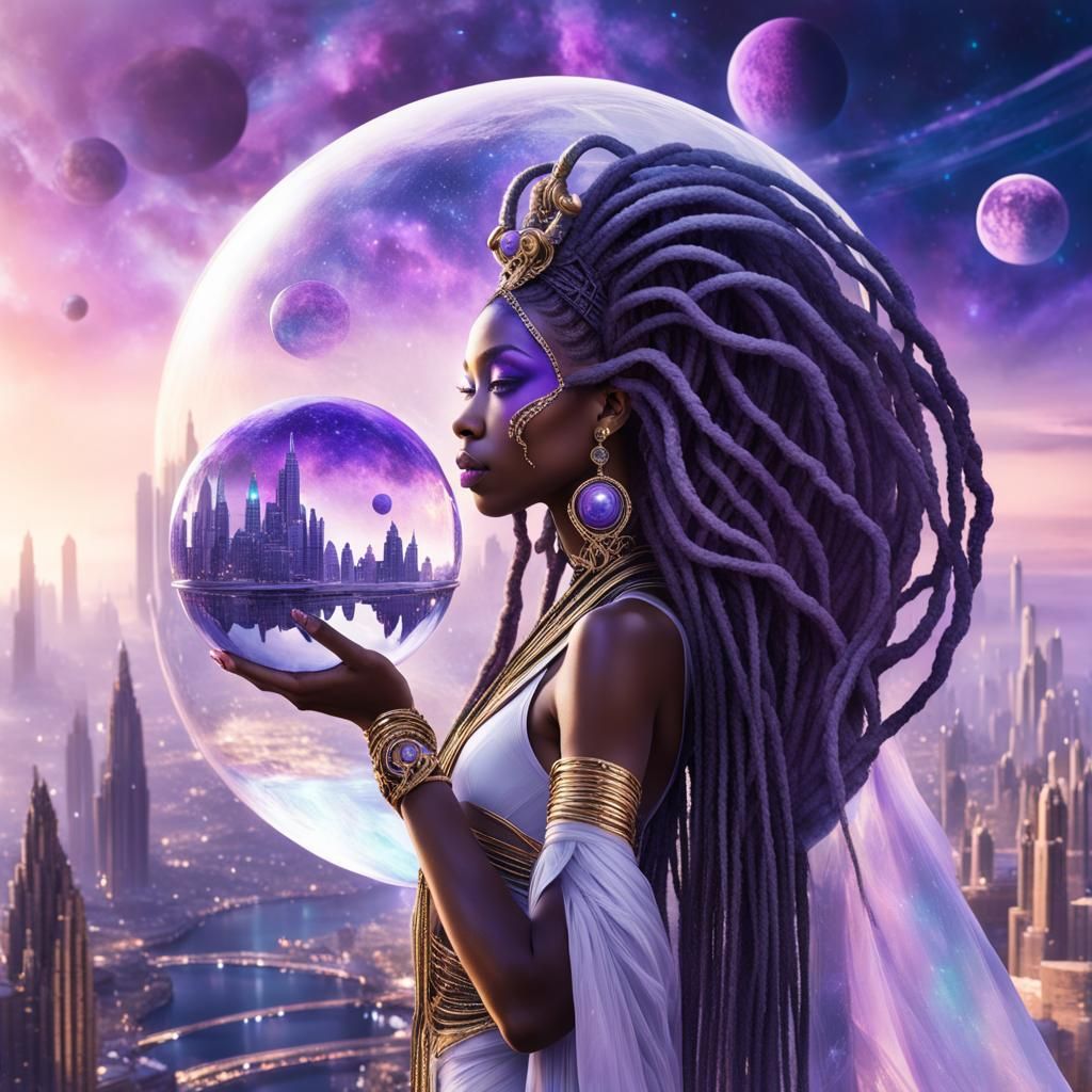 Afrofuturist Goddess Over Metropolis in Crystal Globe