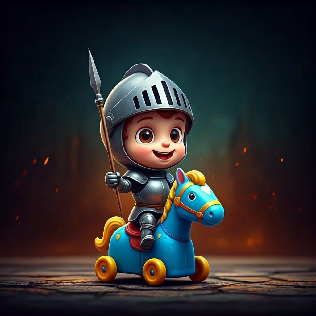Cheerful Knight Rides Toy Horse in a Vibrant, Surreal Landsc...