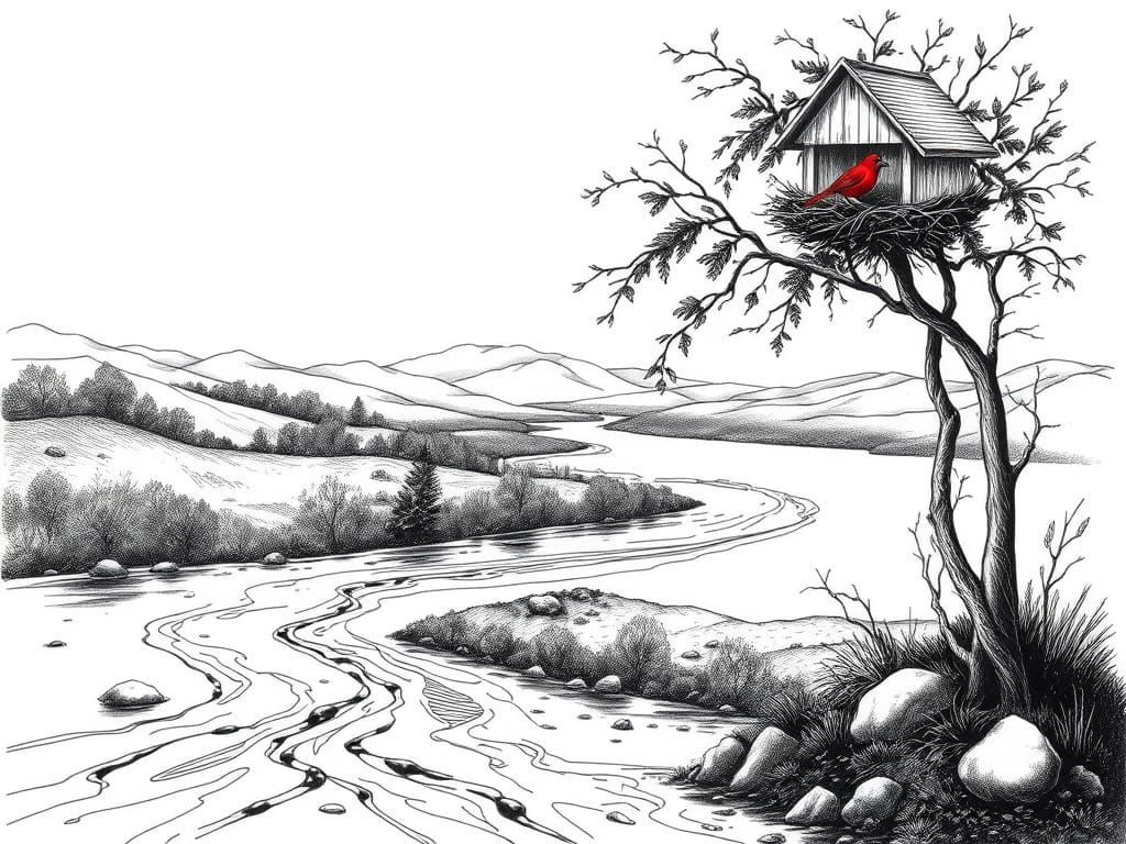 Monochrome River Valley Ink Drawing with Red Bird
