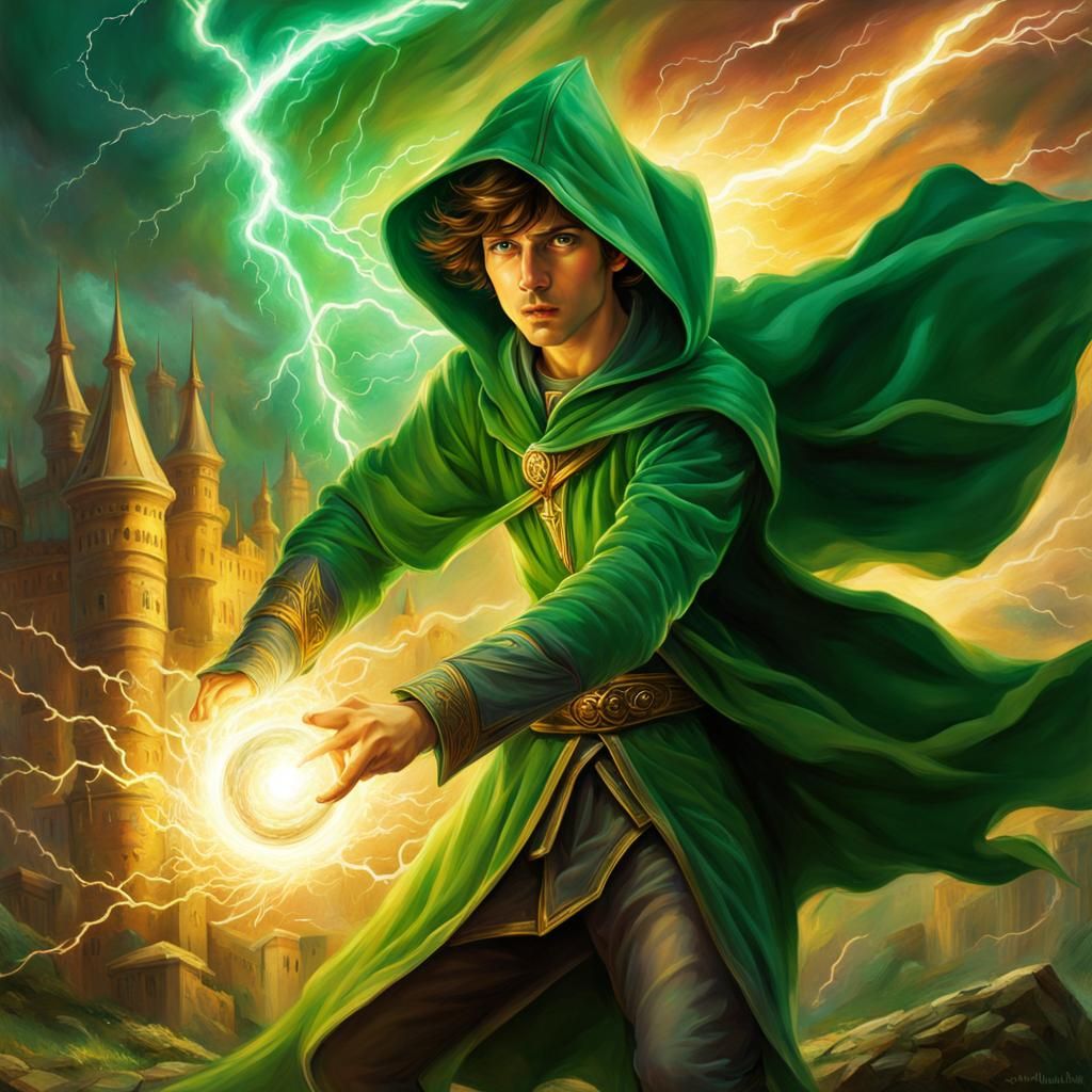 Young Wizard's Lightning Attack in Waterhouse Style