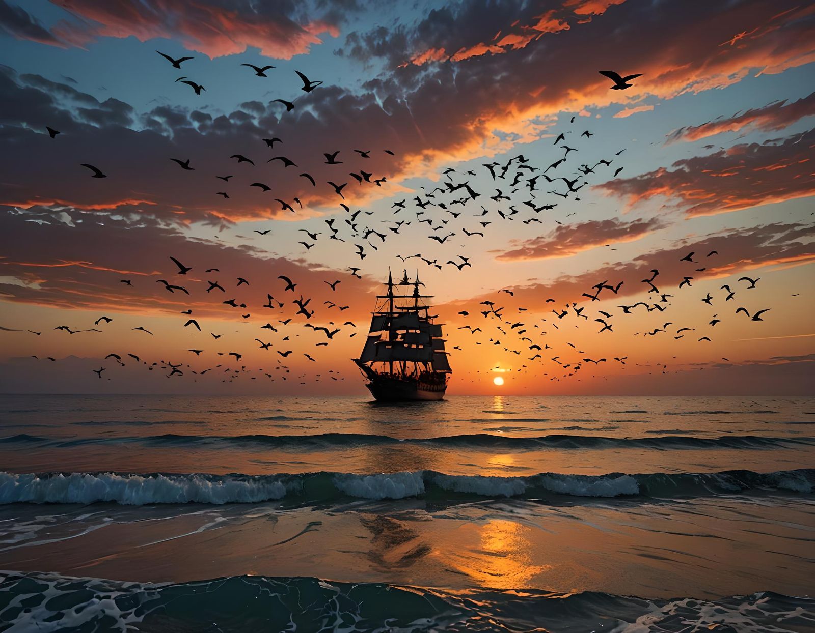 Ocean Sunset Ship Silhouette with Birds