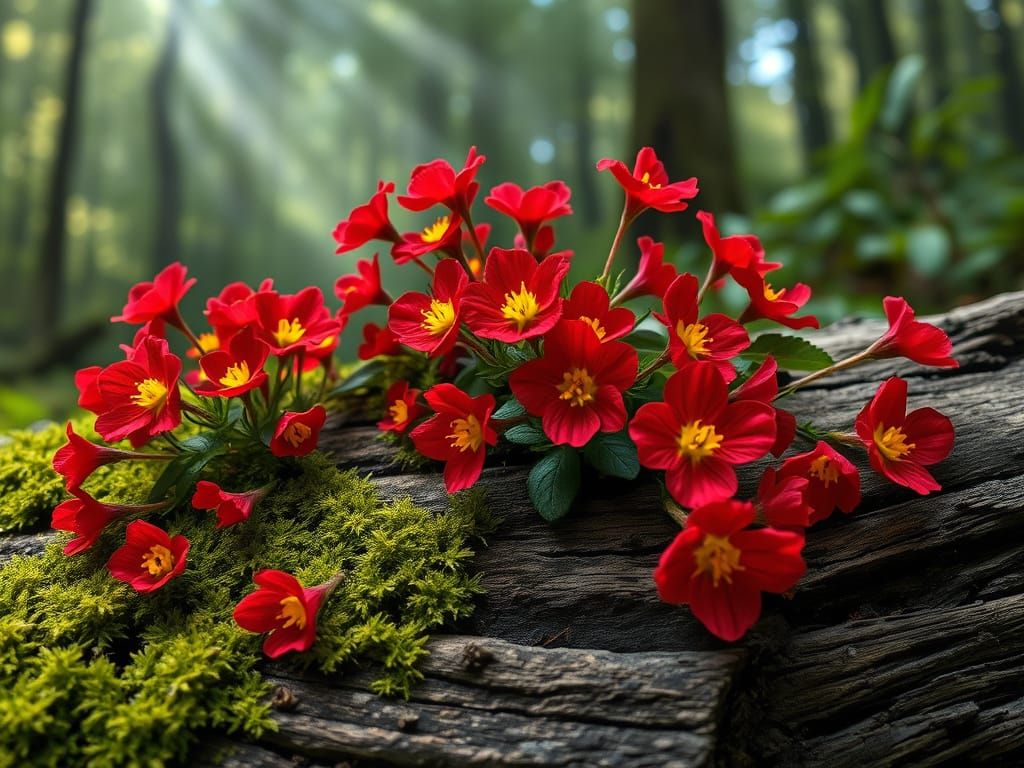 Moss-Covered Log Filled with Crimson Primroses in a Misty Fo...