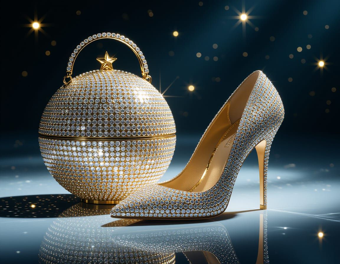 Diamond-Covered Shoes and Purse in Cinematic Light