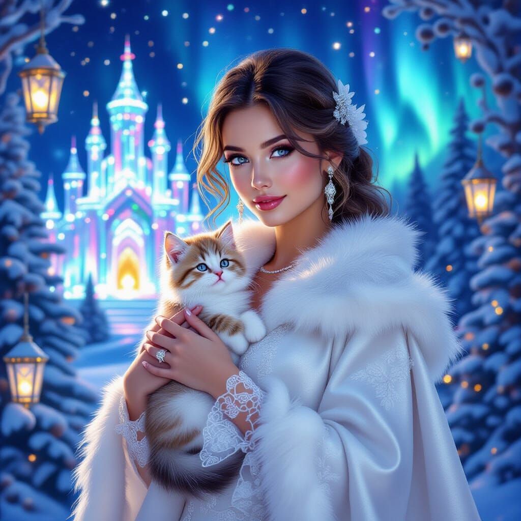 Charming Woman in Sapphire Lace and Fur Cape with Kitten