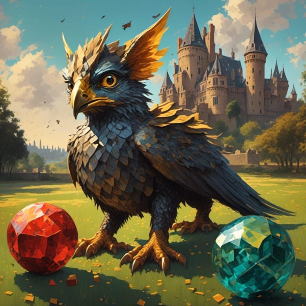 Iridescent Gryphon Portrait with Surreal Cubes