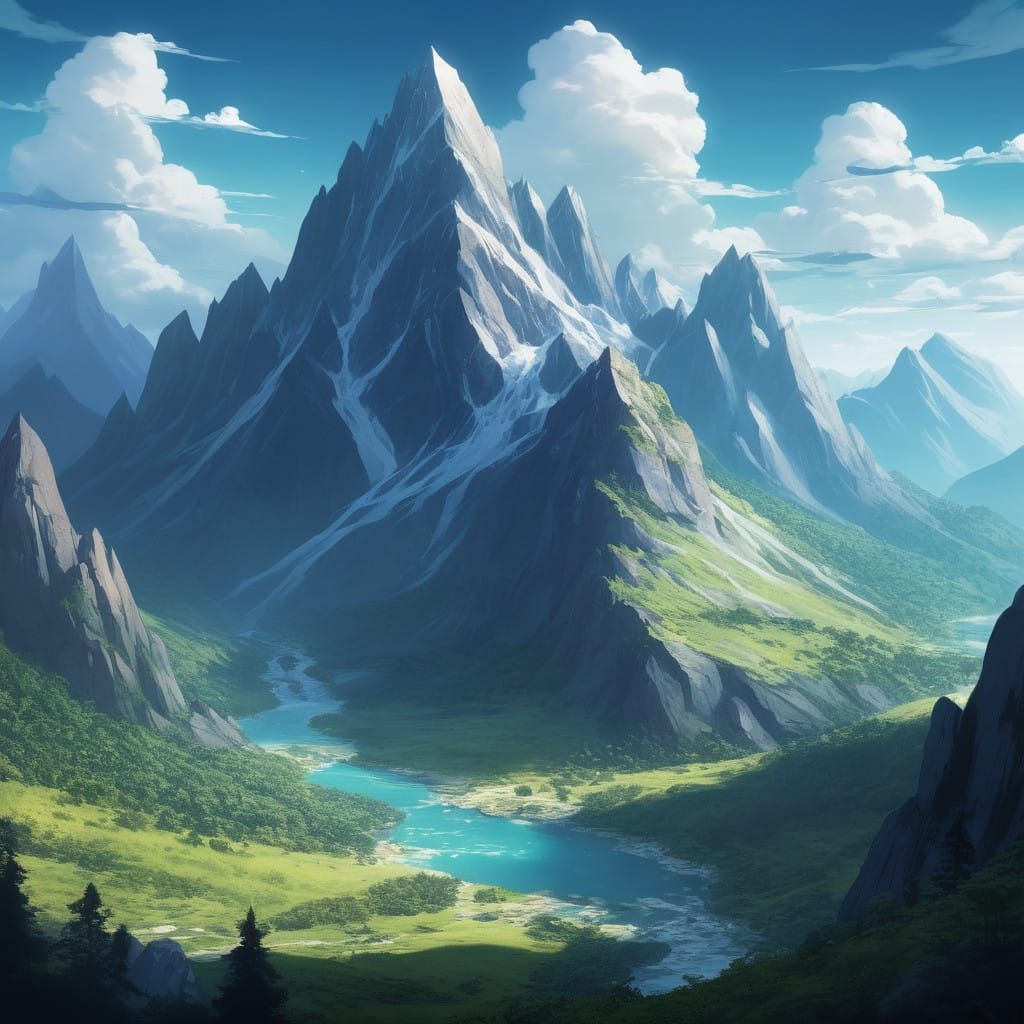 Ethereal Anime Mountains with Crystal Infusions
