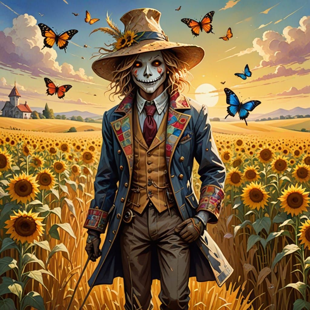 Fashionable Scarecrow Strolls in Golden Wheat Field