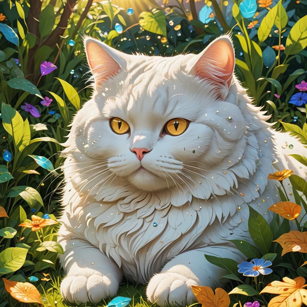 Chubby White Cat Lounging in Sunny Garden, 3D Cartoon
