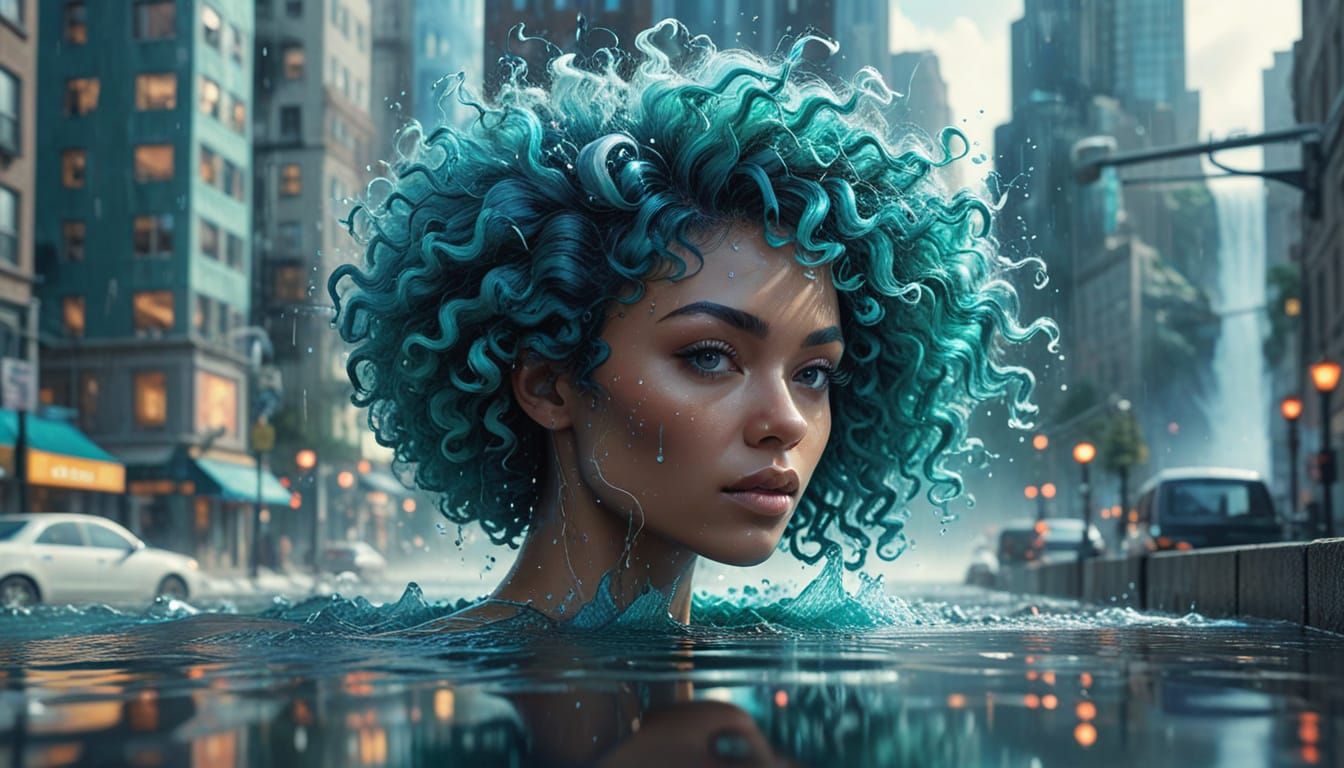 Vibrant Afro Goddess Surrounded by Cityscape Waterfalls in E...