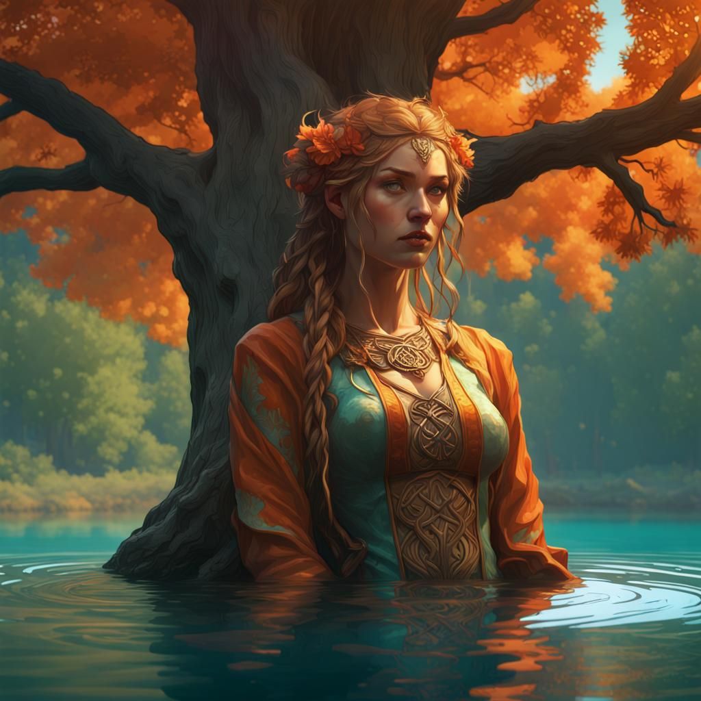 Celtic Lady and Ent-like Tree, Art Nouveau Style