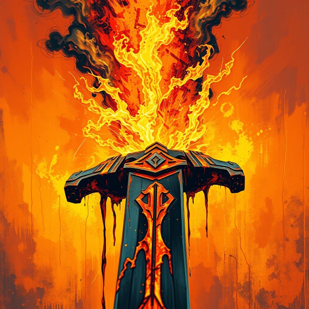 Surreal, Expressionist Sword of Fire, Forged in Volcanic Fla...