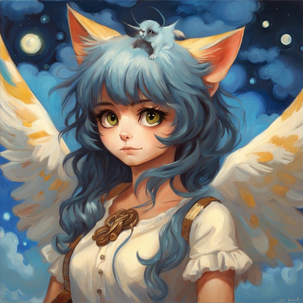 Anime Cat-Girl with Wings in Van Gogh Style